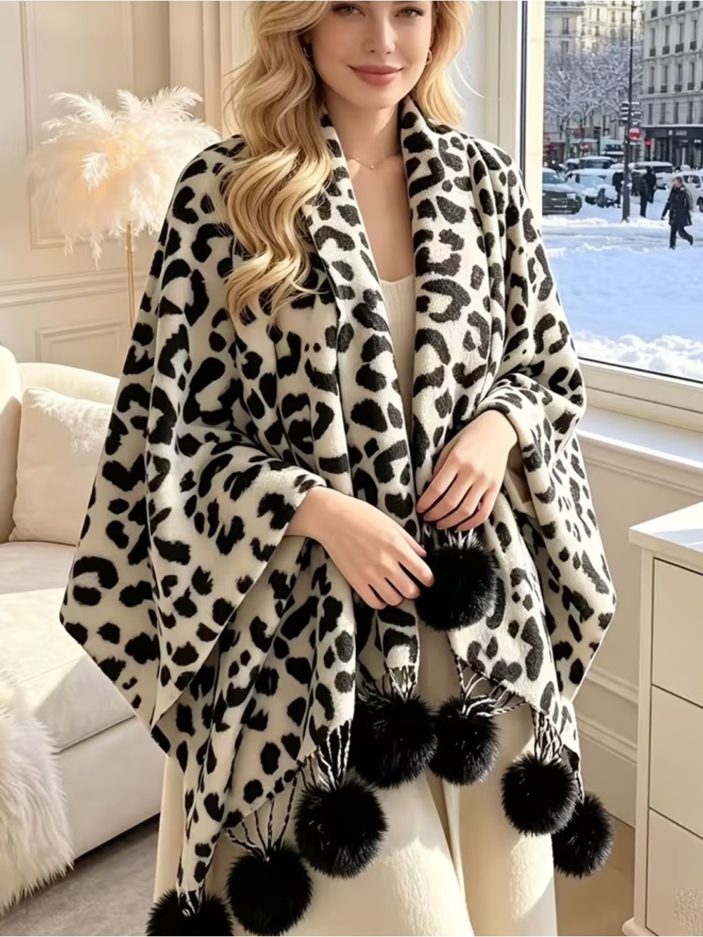 Women's Black and White Leopard Print Pom-Pom Shawl Wrap